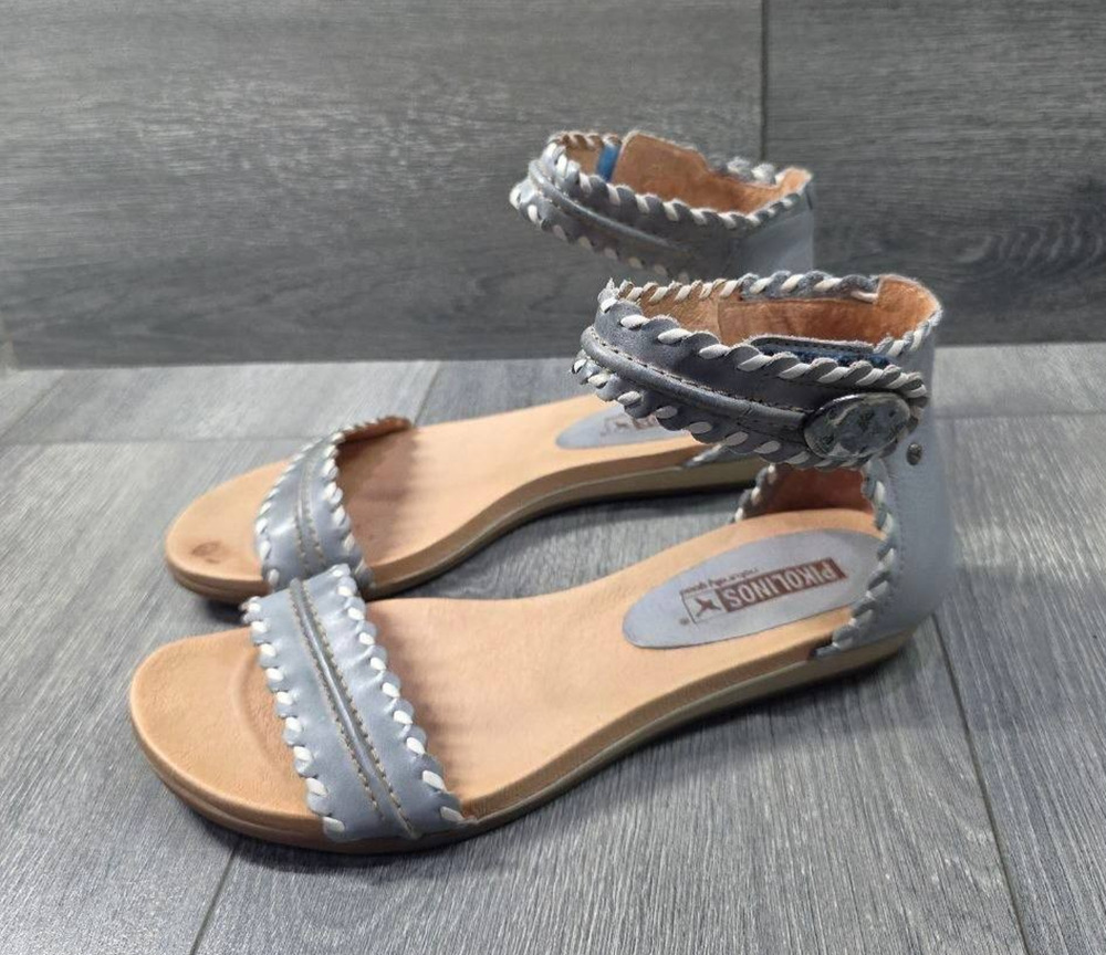 Pikolinos Women’s gray Leather Ankle Strap Sandals Whipstitch 7.5 S000158
